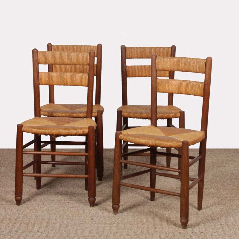 Set Of 4 Wooden Chairs With Straw Seats, French Craftsmanship, 1950