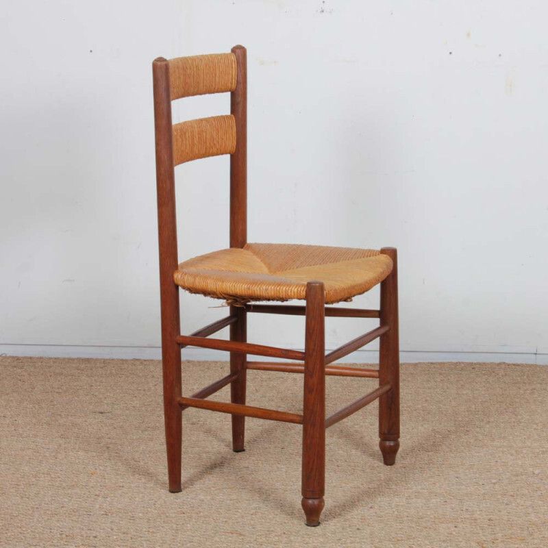 Set Of 4 Wooden Chairs With Straw Seats, French Craftsmanship, 1950 photo vinterior