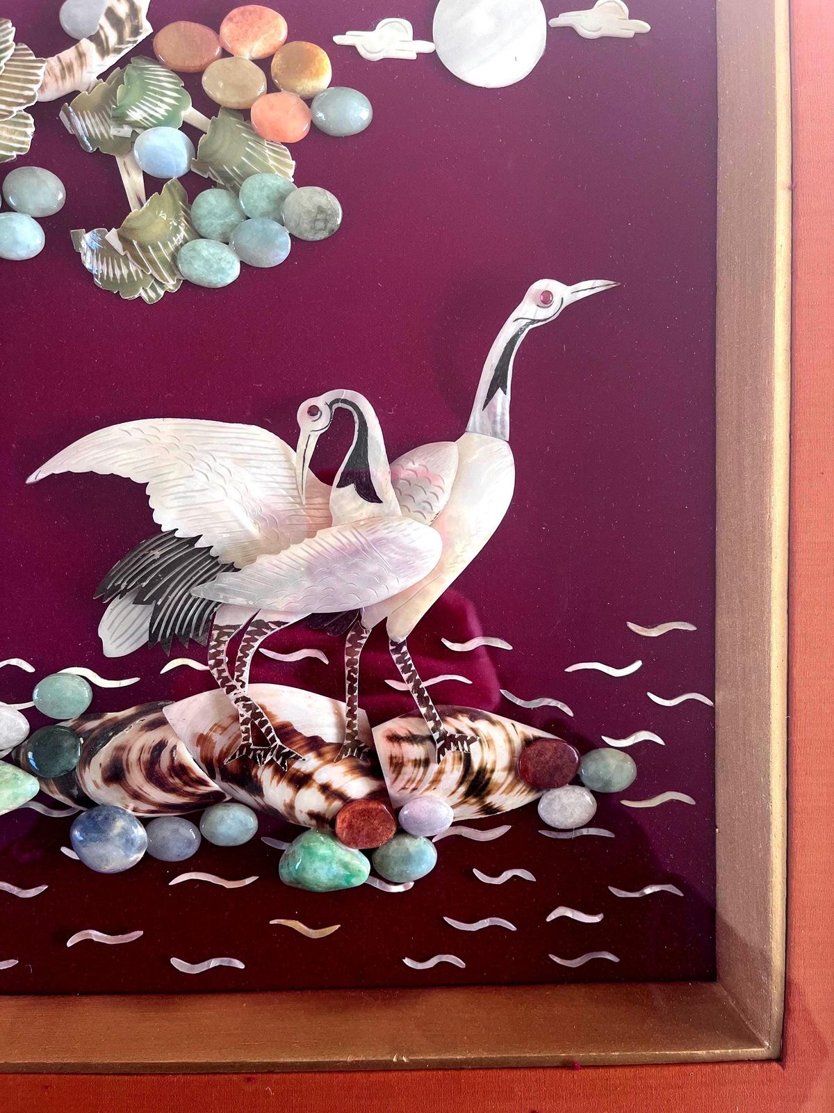 Vintage Japanese Shell Art Framed Crane Picture Chinoiserie Wall Decor photo vintage