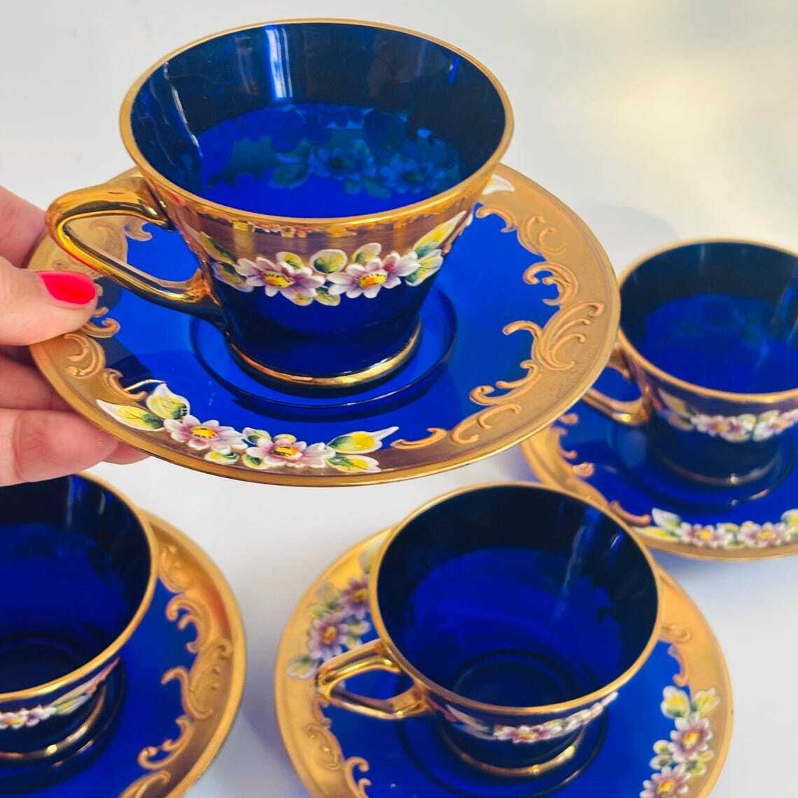Vintage Venetian Italian Murano Cobalt Blue Glass Tea Cups & Saucers | 24k Gold Floral Enamel