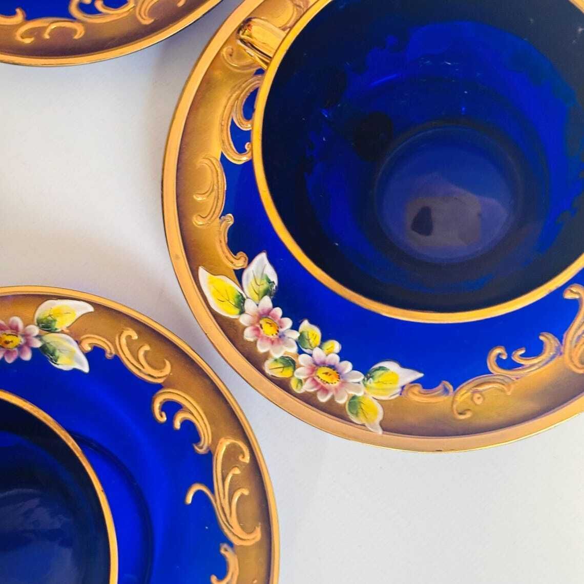 Vintage Venetian Italian Murano Cobalt Blue Glass Tea Cups & Saucers | 24k Gold Floral Enamel photo 220.0