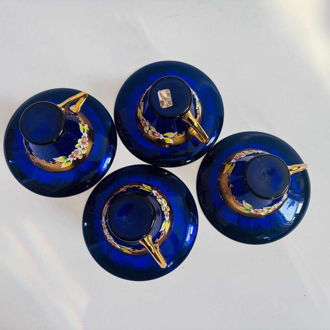photo vintage Vintage Venetian Italian Murano Cobalt Blue Glass Tea Cups & Saucers | 24k Gold Floral Enamel