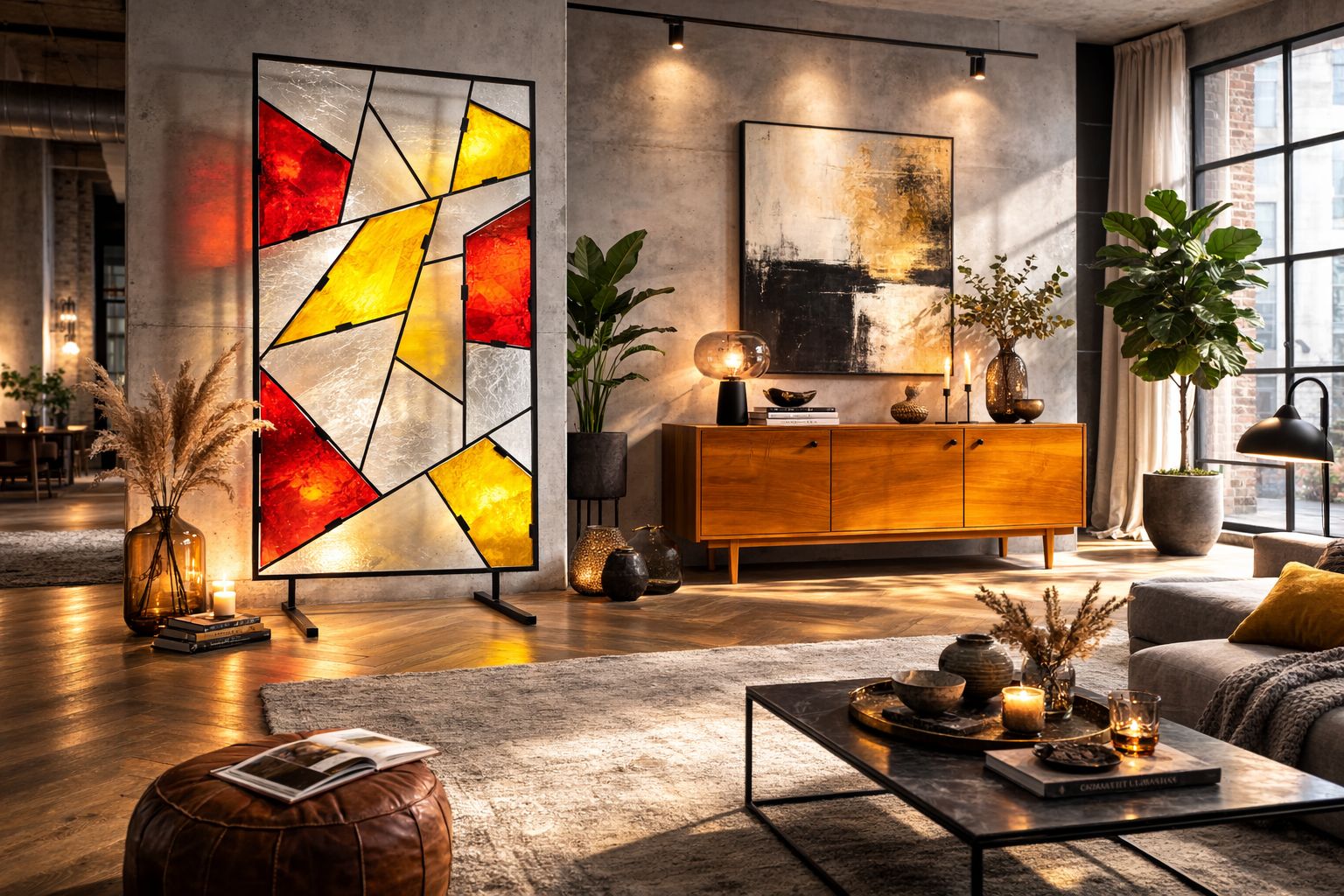 photo furniture Mid Century Modern Geometrische Roomdivider Met Getextureerd Gekleurd Glas, Jaren 1970–1980