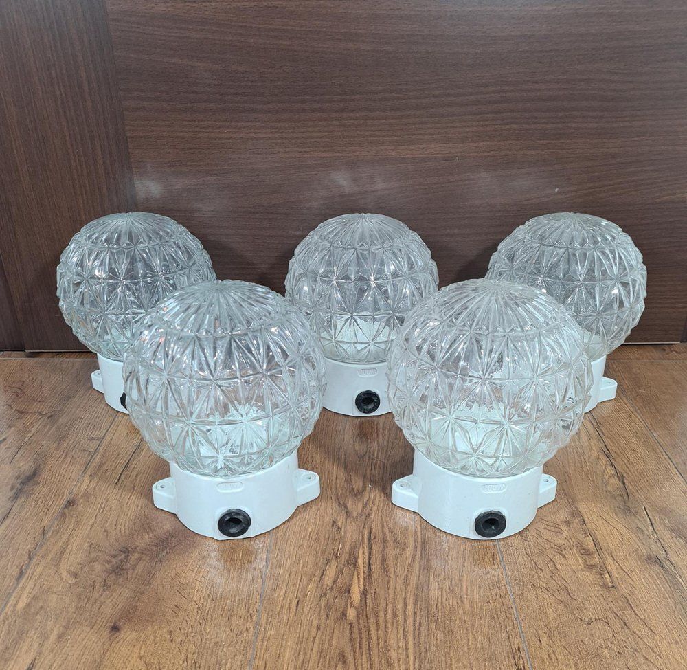Lighting Vintage Wall Lamps With Glass Spheres On White Ceramic Base, 1970s, Set Of 5 photo