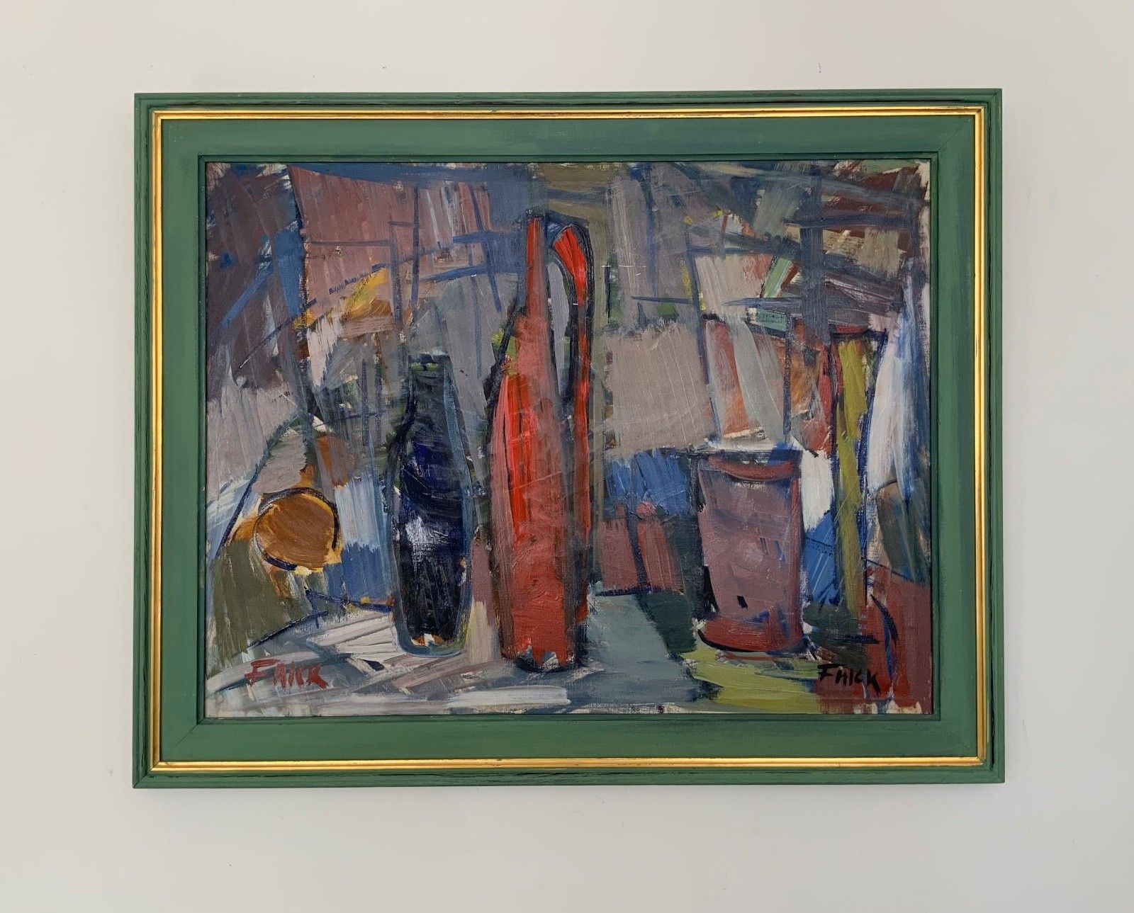 Vintage Modernists Oil Painting Still Life With Red Bottle, Signed Falck, 1960s photo furniture