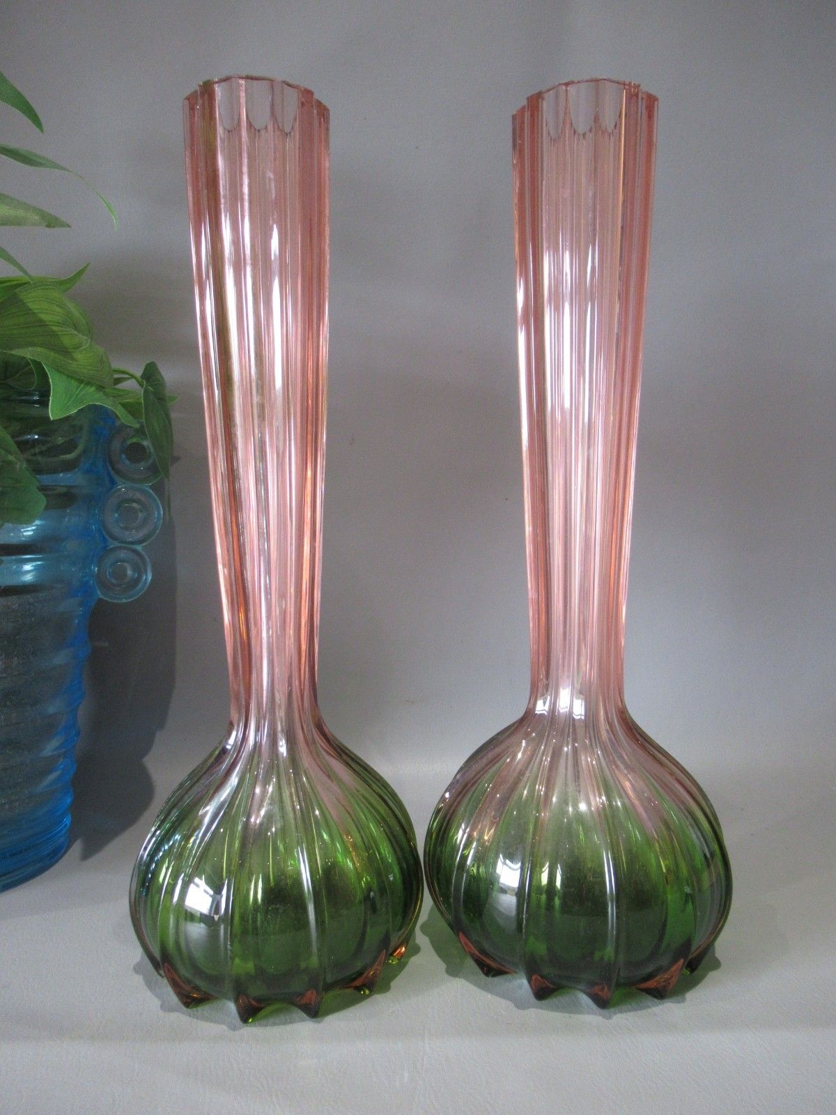 Art Nouveau Pair Rubina Verde 1920s Glass Vases Soliflore French Bohemian