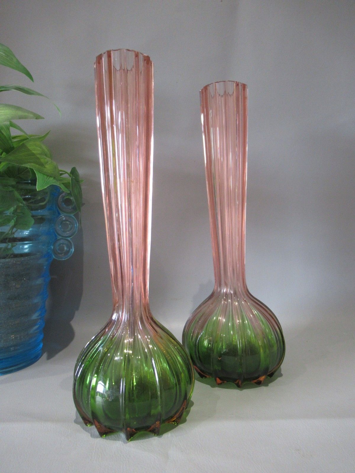 Home Decor Art Nouveau Pair Rubina Verde 1920s Glass Vases Soliflore French Bohemian photo