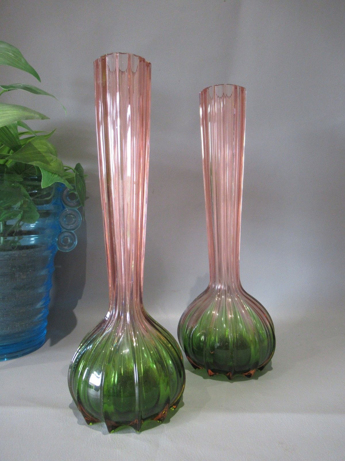 photo vintage Art Nouveau Pair Rubina Verde 1920s Glass Vases Soliflore French Bohemian