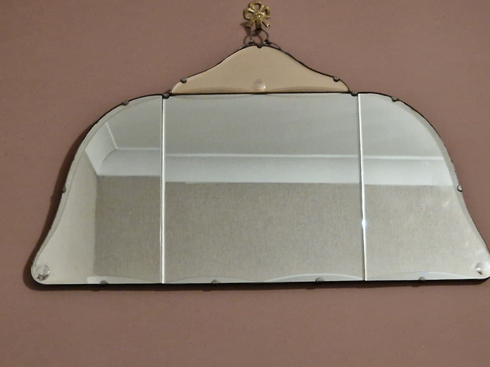 Deco 30s Peach Wall Mirror Wooden Back Og Chain Bevelled Edge Citcle Detail photo Home Decor