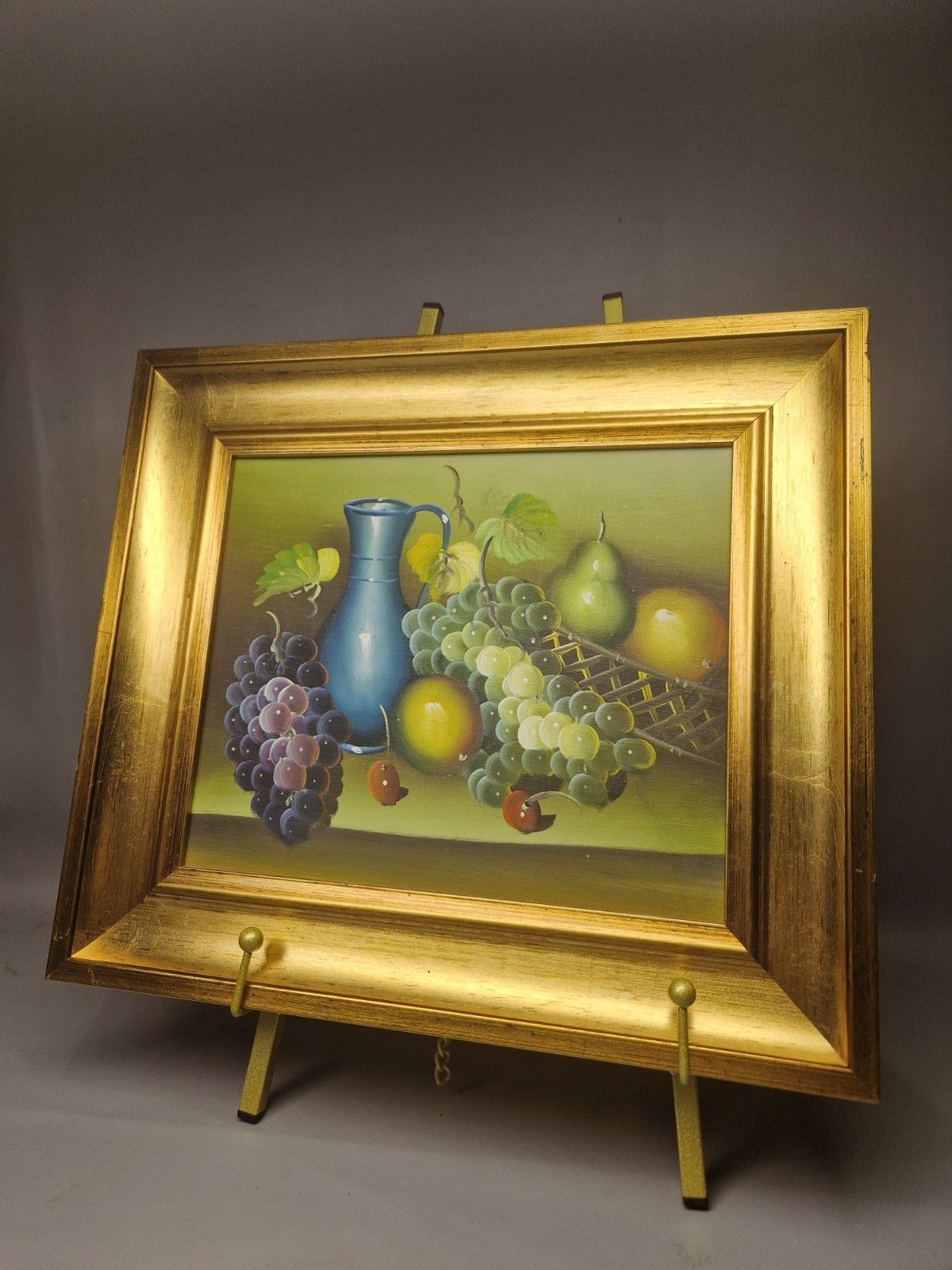 Vintage Framed Oil Painting Still Life Fruit Grapes Jug Pears Gilt Frame photo for sale