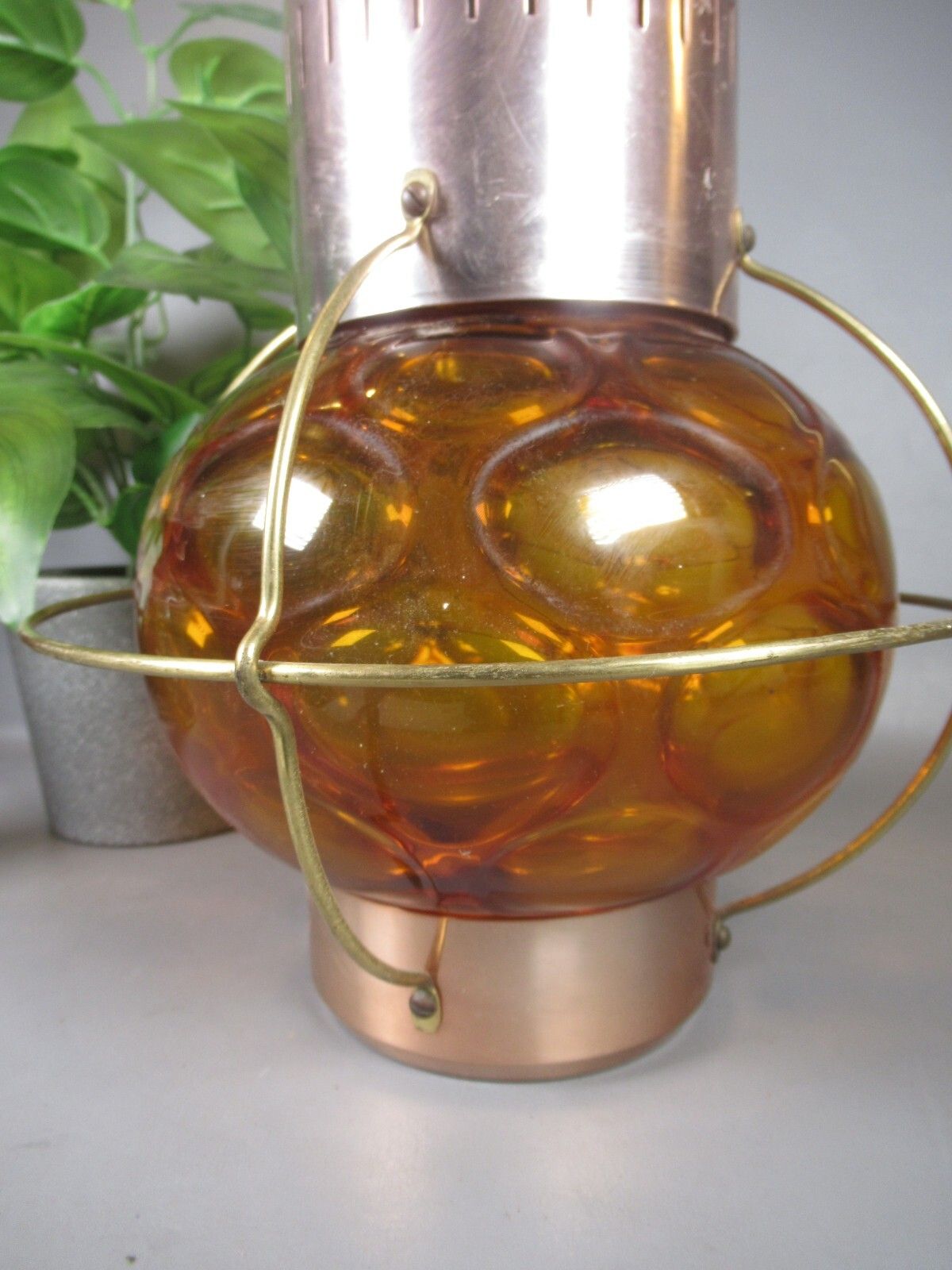 Vintage Mid Century Lantern Spun Copper Brass And Orange Olive Lens Glass Light