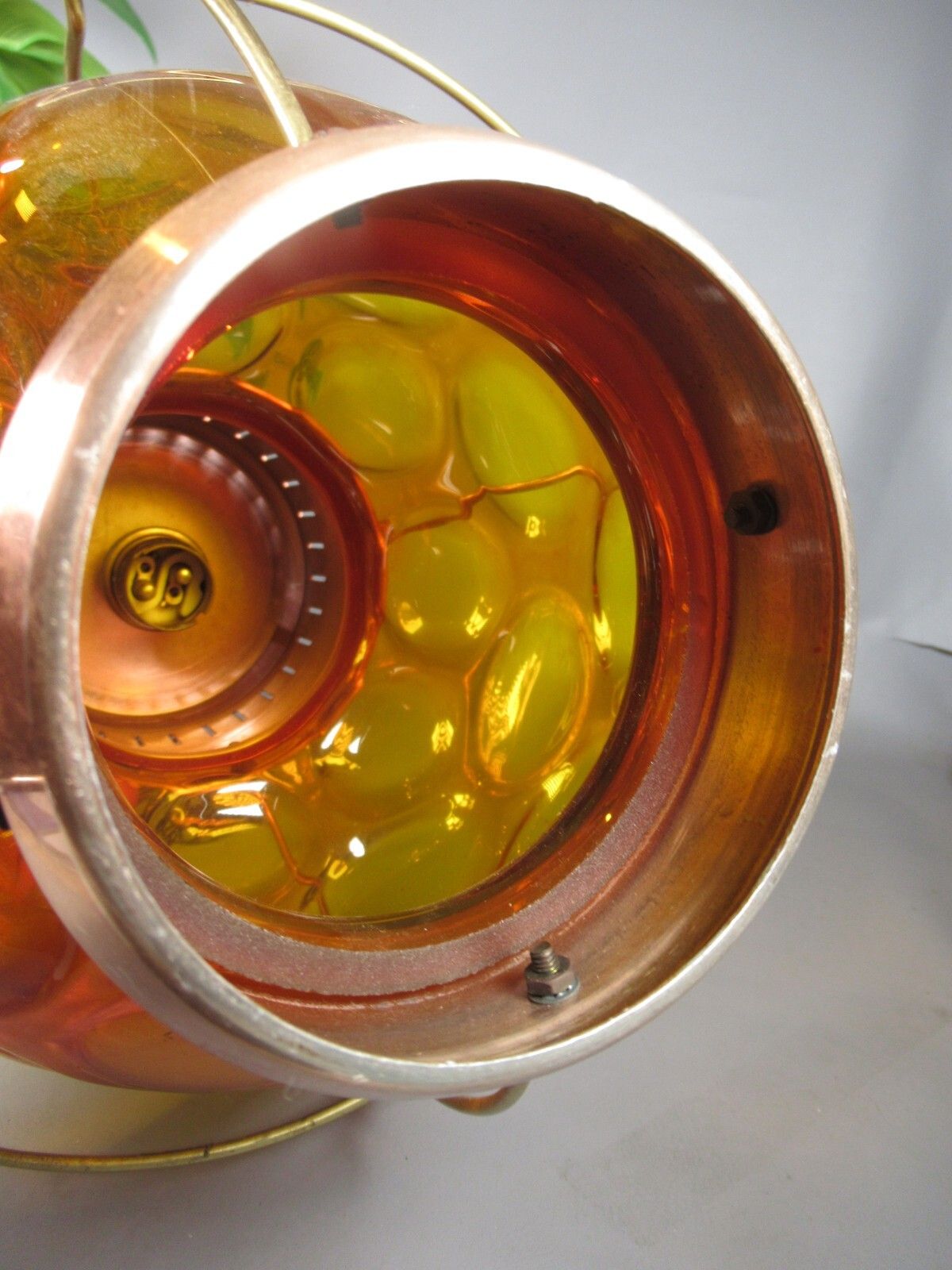 Vintage Mid Century Lantern Spun Copper Brass And Orange Olive Lens Glass Light photo vintage