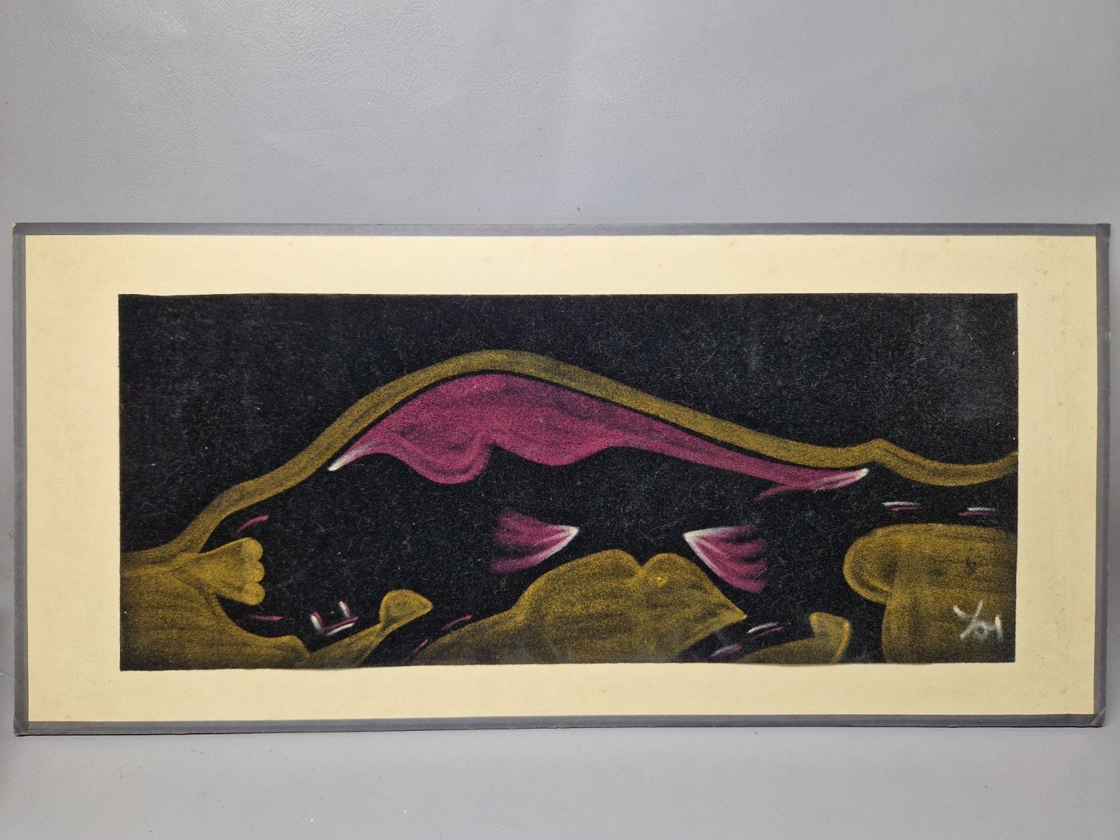 Mid Century Signed Velvet Painting Of A Bull Unframed But Mounted