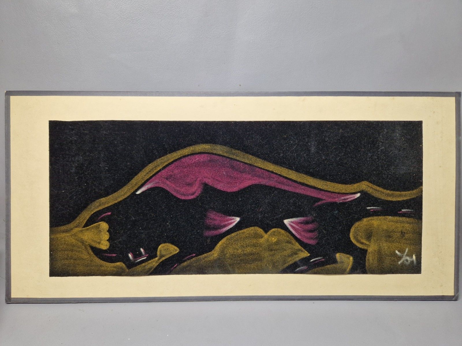 Mid Century Signed Velvet Painting Of A Bull Unframed But Mounted photo furniture