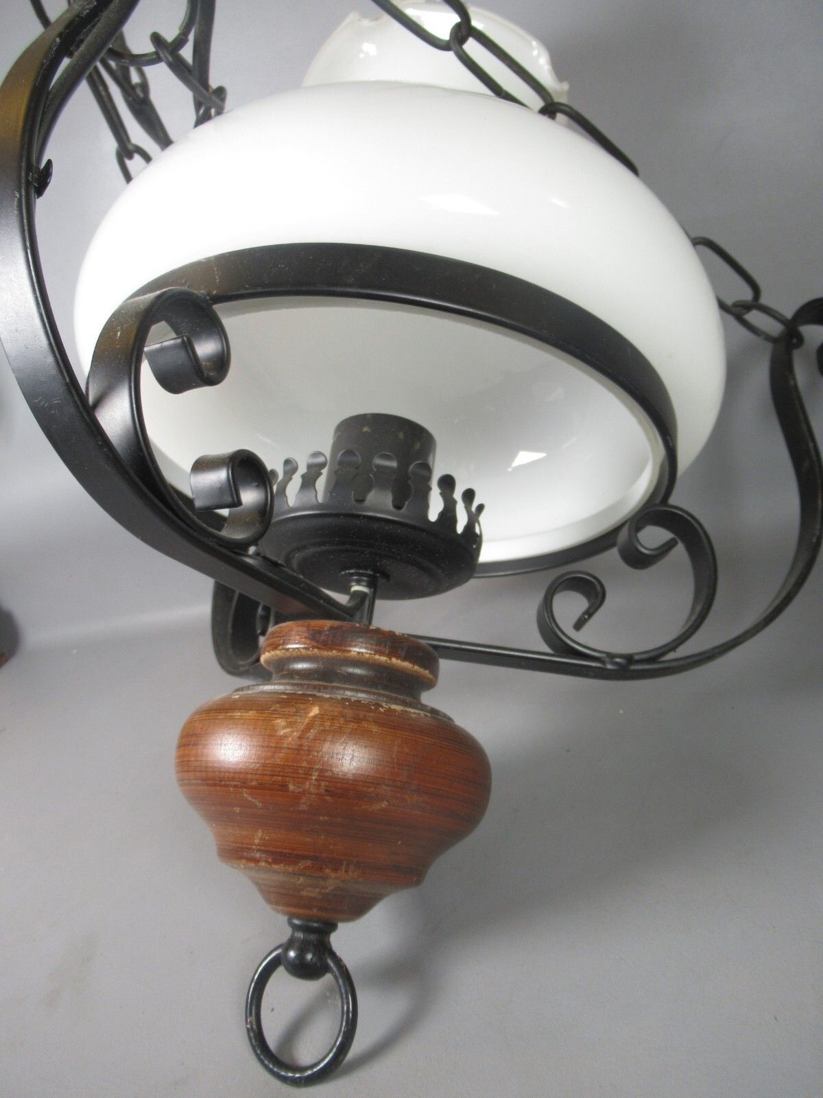 Vintage Electric Ceiling Oil Lanterns Black Metal Wooden Finial White Shade photo furniture