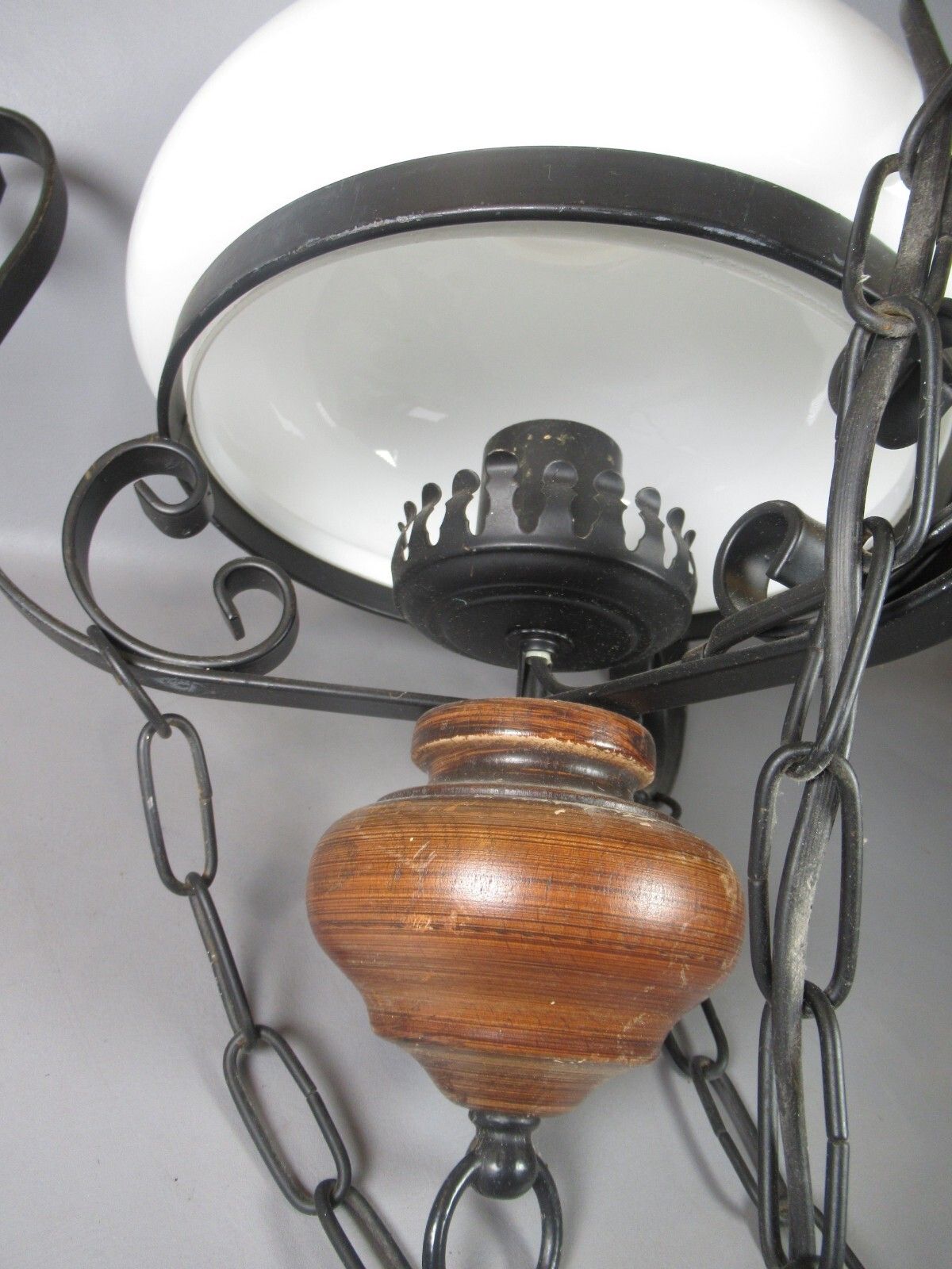 Vintage Electric Ceiling Oil Lanterns Black Metal Wooden Finial White Shade photo Lighting