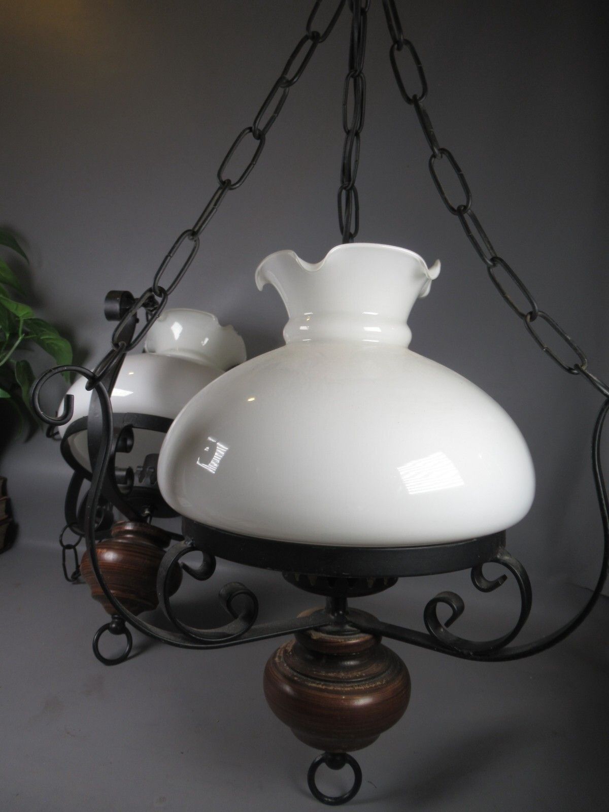 Vintage Electric Ceiling Oil Lanterns Black Metal Wooden Finial White Shade photo 70.0