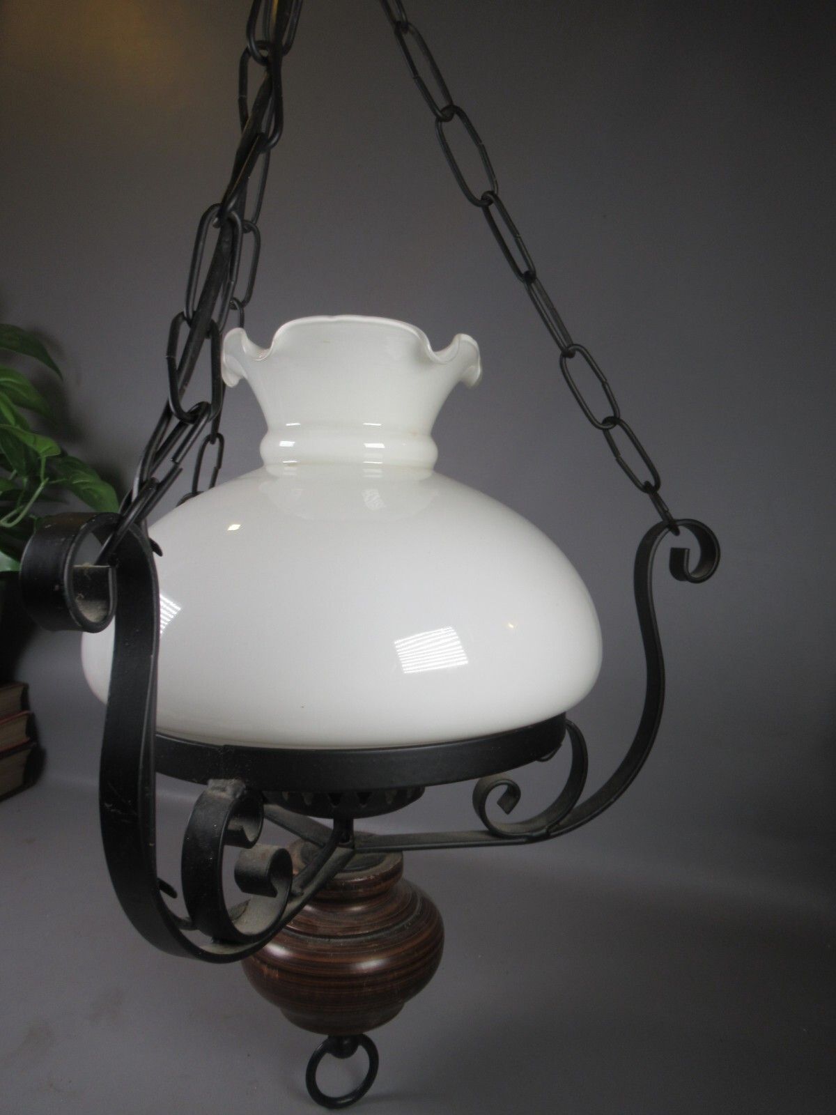 Lighting Vintage Electric Ceiling Oil Lanterns Black Metal Wooden Finial White Shade photo