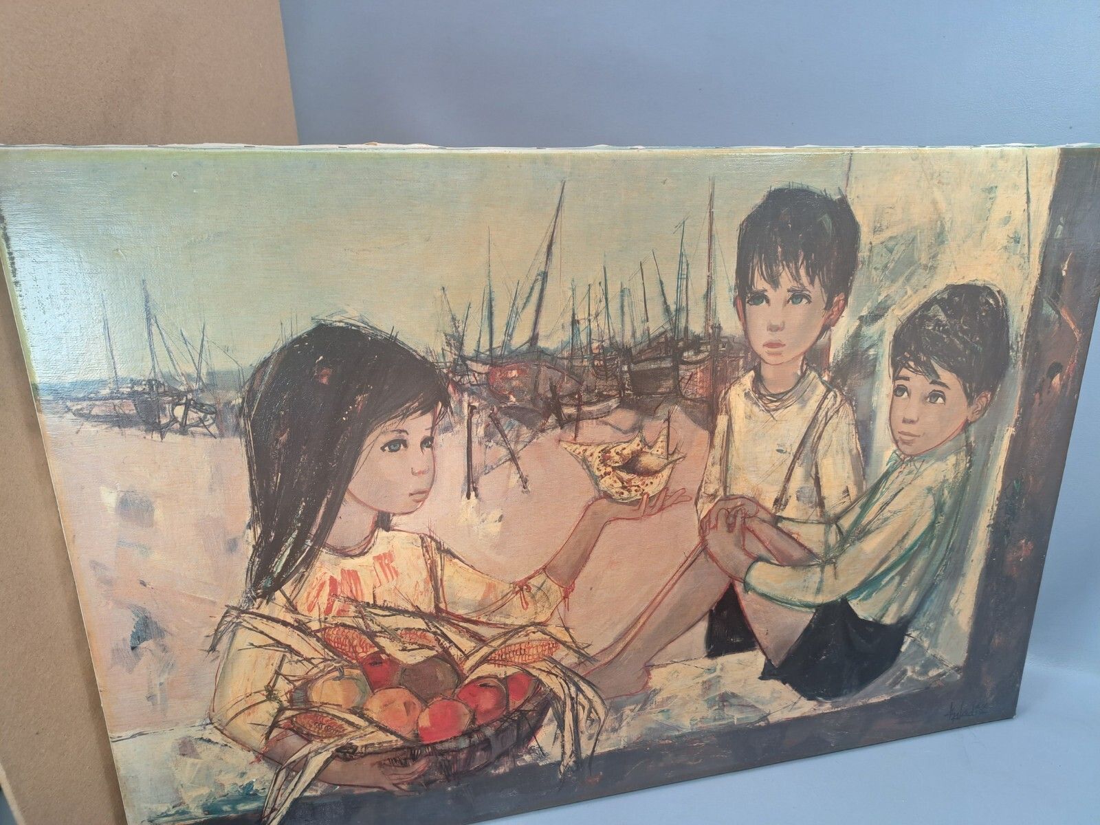 Mcm Painted Print Canvas Jean Baptiste Valadie Fishermans Children Modernist photo for sale