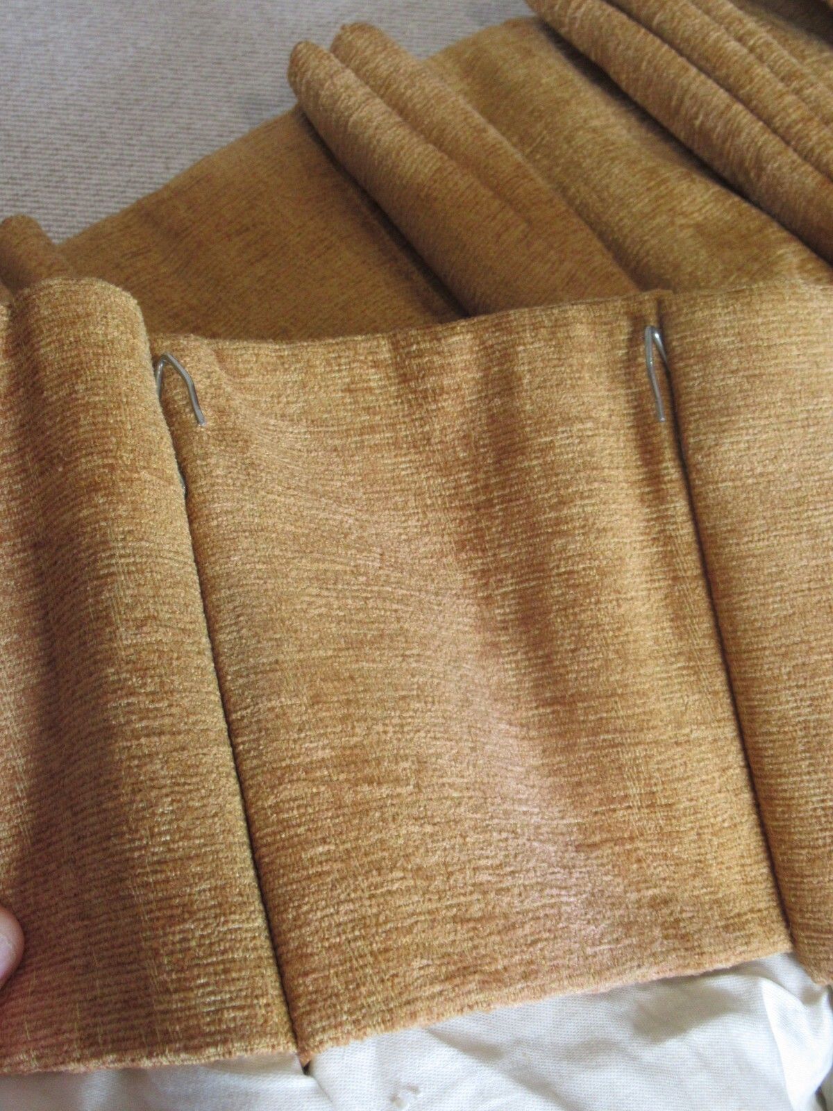 Vintage Pr Mustard Gold Chenille Fabric Country Curtains Pencil Pleat 44 X 85 In photo vinterior
