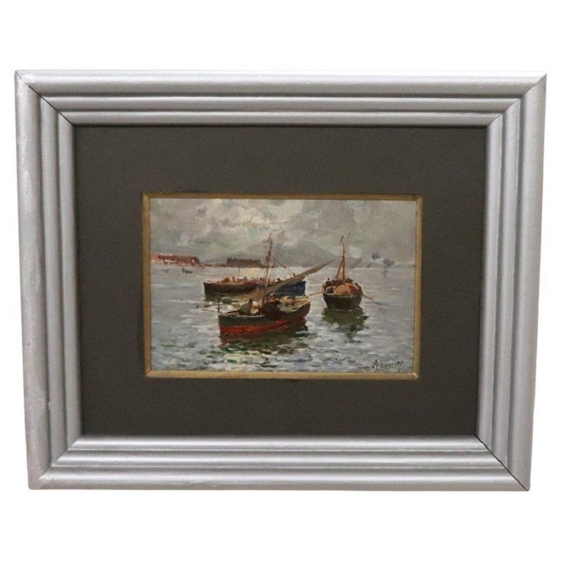 R. Leone, Gulf Of Naples With Fishermen, Oil Painting On Board, Early 20th Century, Framed
