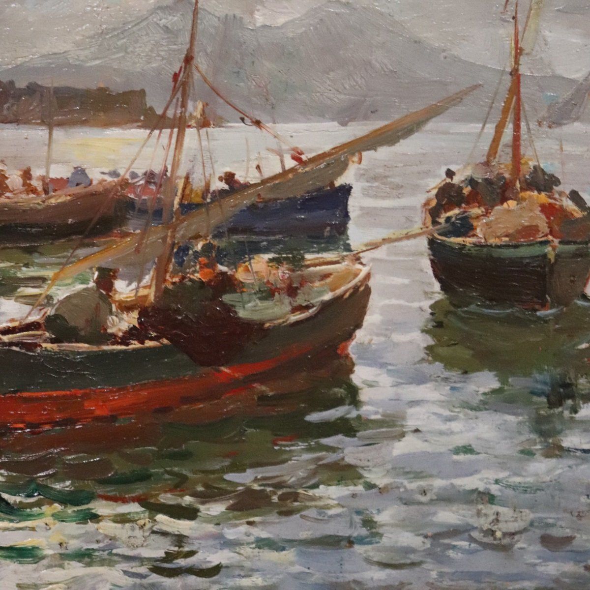 R. Leone, Gulf Of Naples With Fishermen, Oil Painting On Board, Early 20th Century, Framed photo vinterior