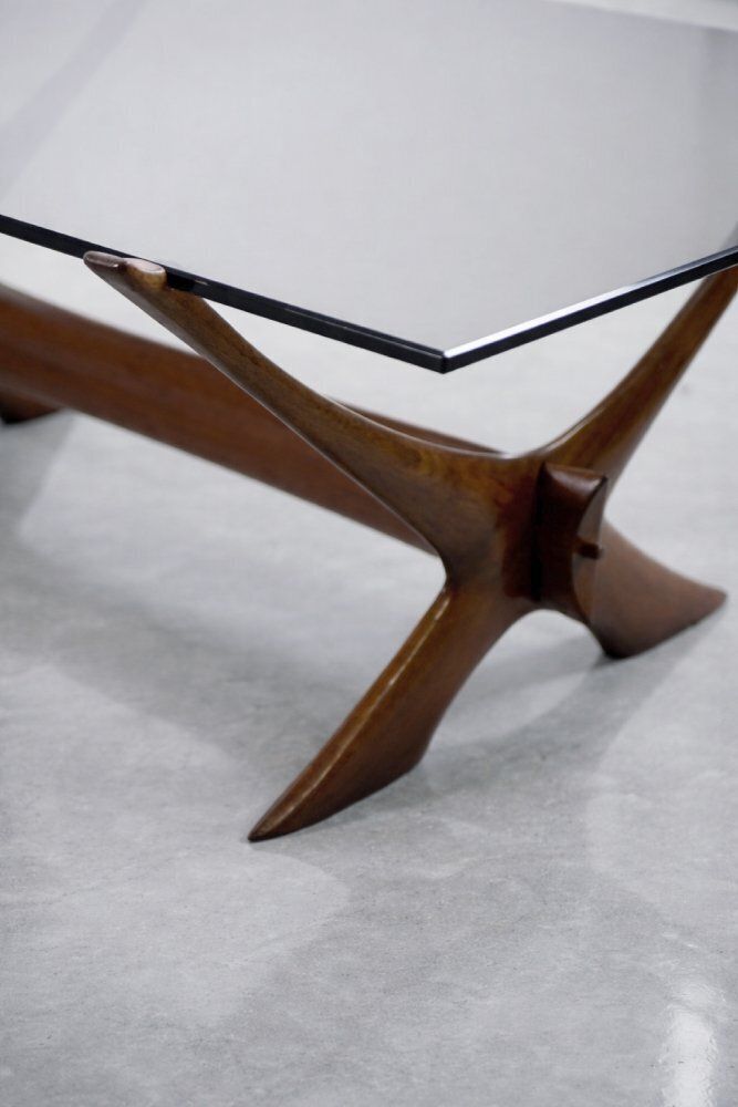 photo vintage Mid Century Scandinavian Modern Glass And Walnut Condor Coffee Table By Fredrik Schriever Abeln For örebro Glass, 1960s