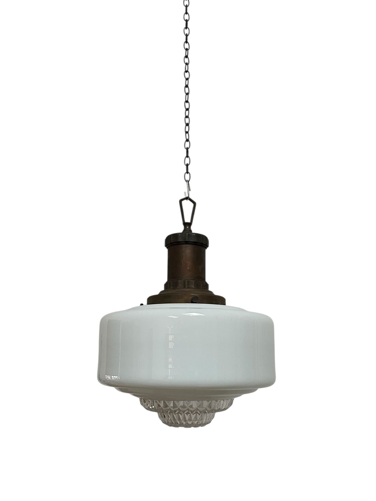 Pair Set Antique English Church Diffused Opaline Milk Glass Ceiiling Pendant Light Lamp By Morco photo for sale