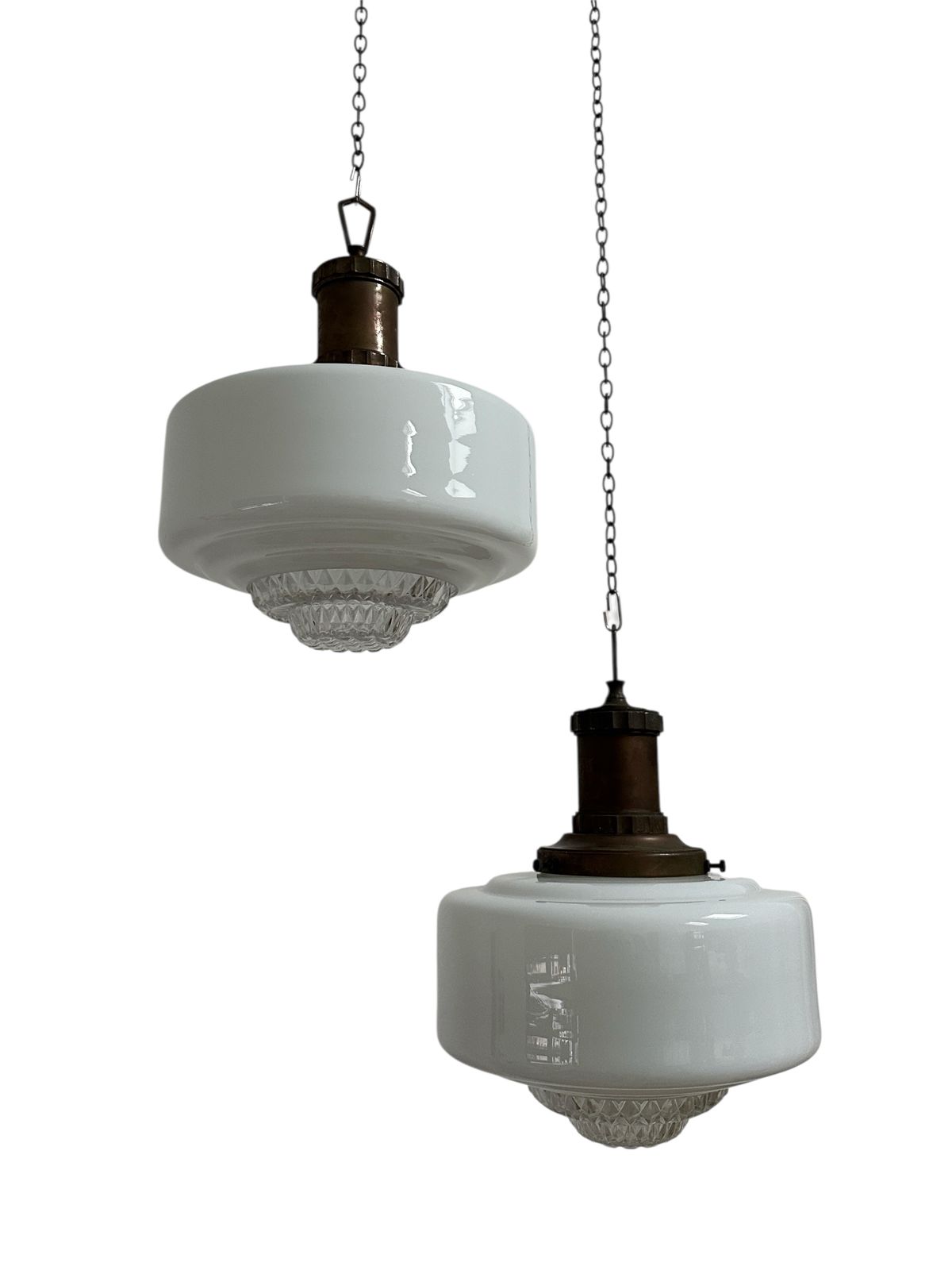 Pair Set Antique English Church Diffused Opaline Milk Glass Ceiiling Pendant Light Lamp By Morco photo Lighting