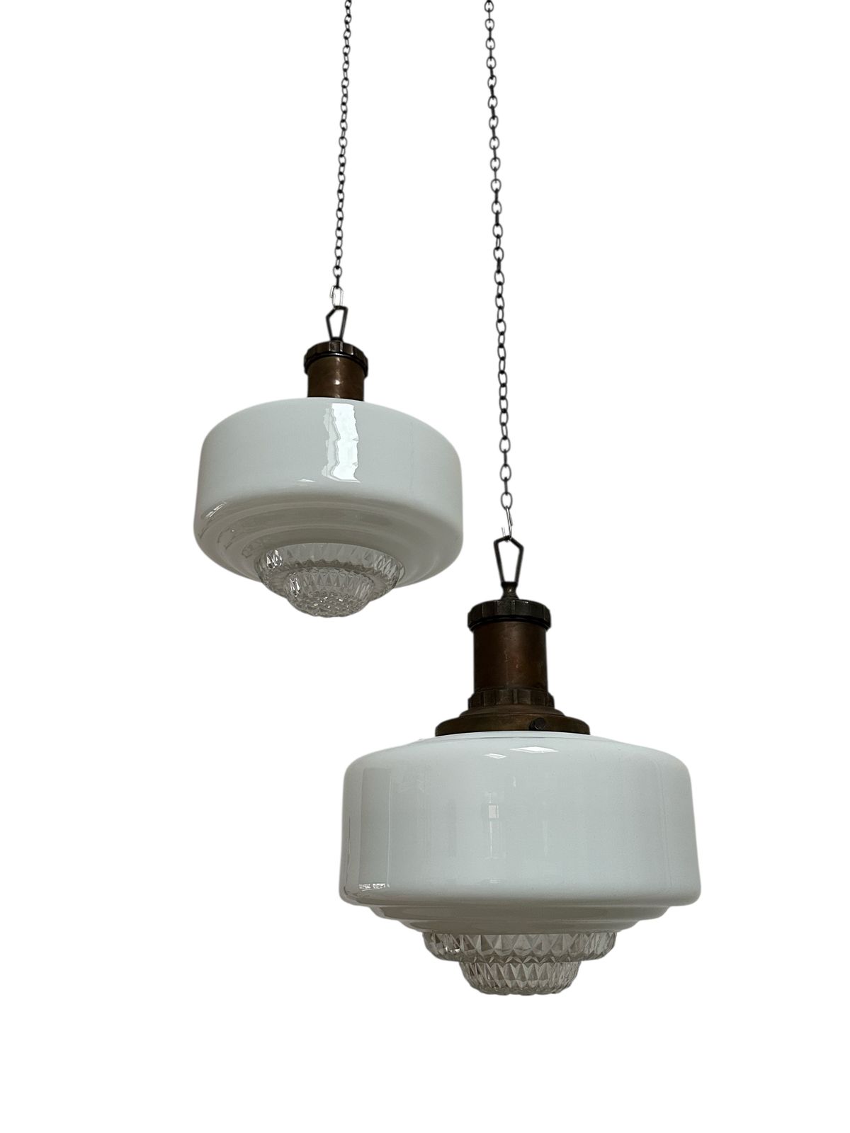 Pair Set Antique English Church Diffused Opaline Milk Glass Ceiiling Pendant Light Lamp By Morco