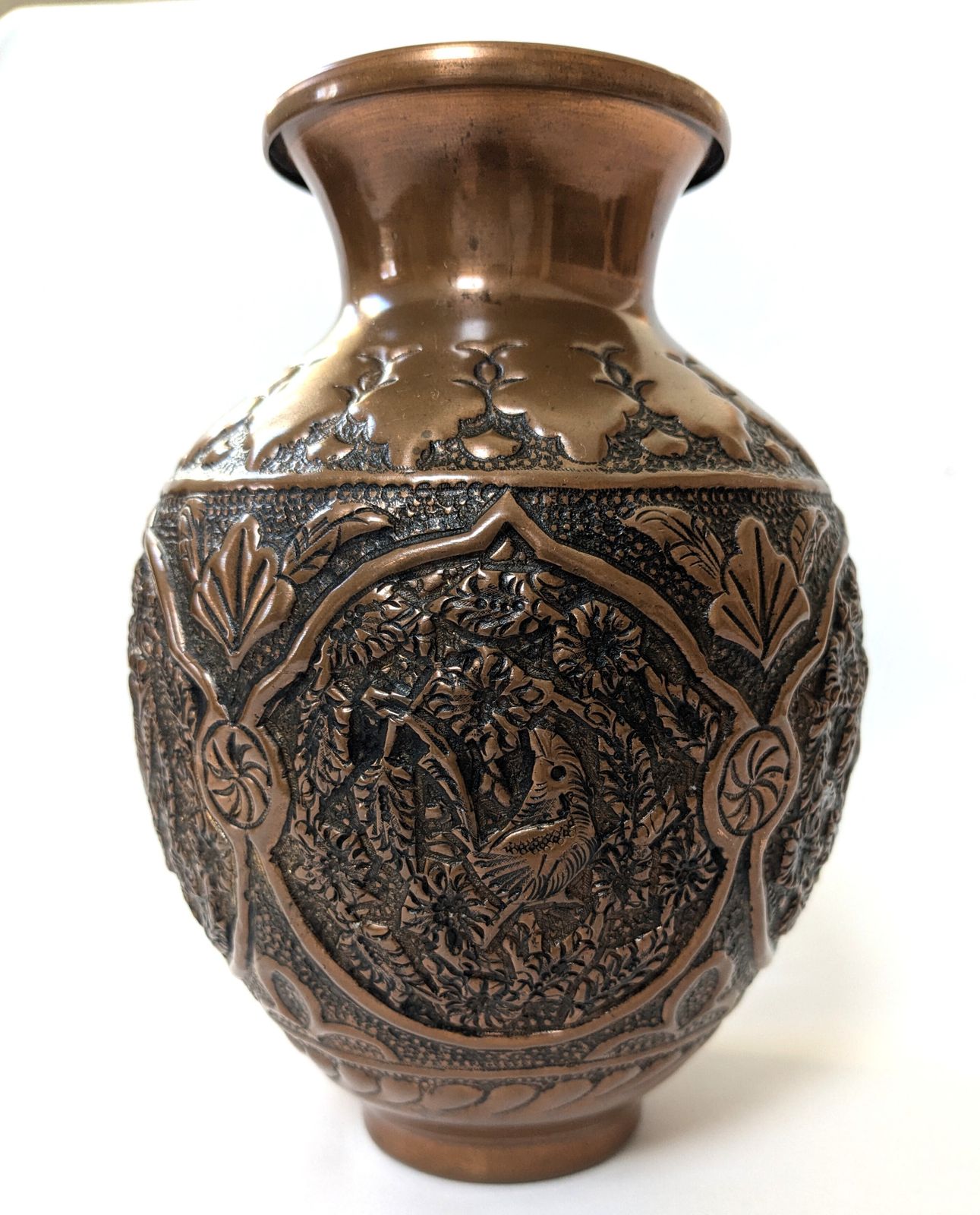 Antique Islamic Qajar Ghulamzani Carved Copper Vase photo vinterior