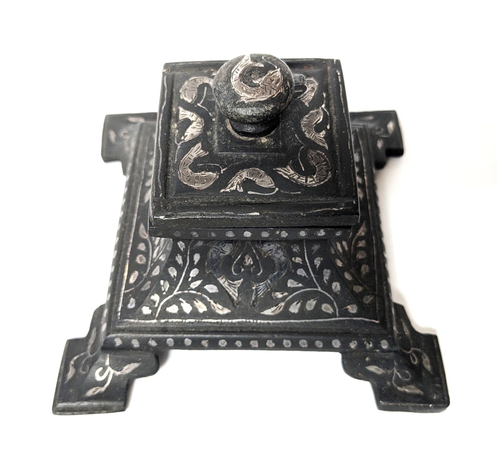 Antique Indian Lucknow Bidriware Sterling Silver Inlaid Decorated Inkwell photo buy