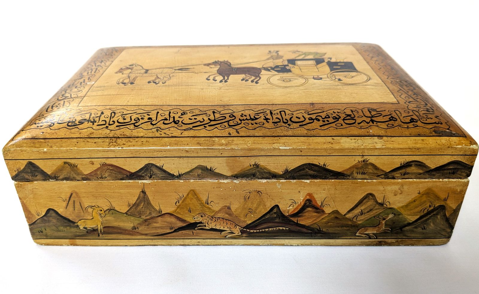 Vintage Islamic Wooden Jewellery Box With Hand Painted Calligraphy And Scenes From Kashmir photo for sale