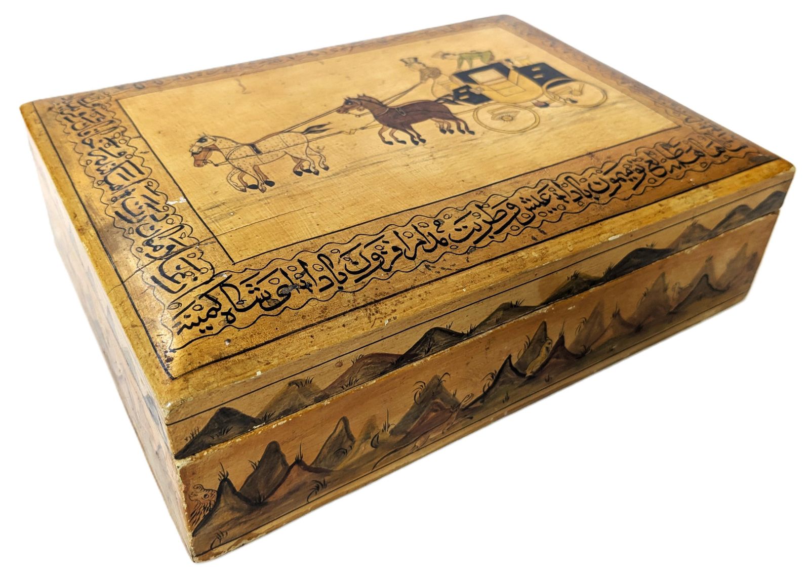 350.0 Vintage Islamic Wooden Jewellery Box With Hand Painted Calligraphy And Scenes From Kashmir photo