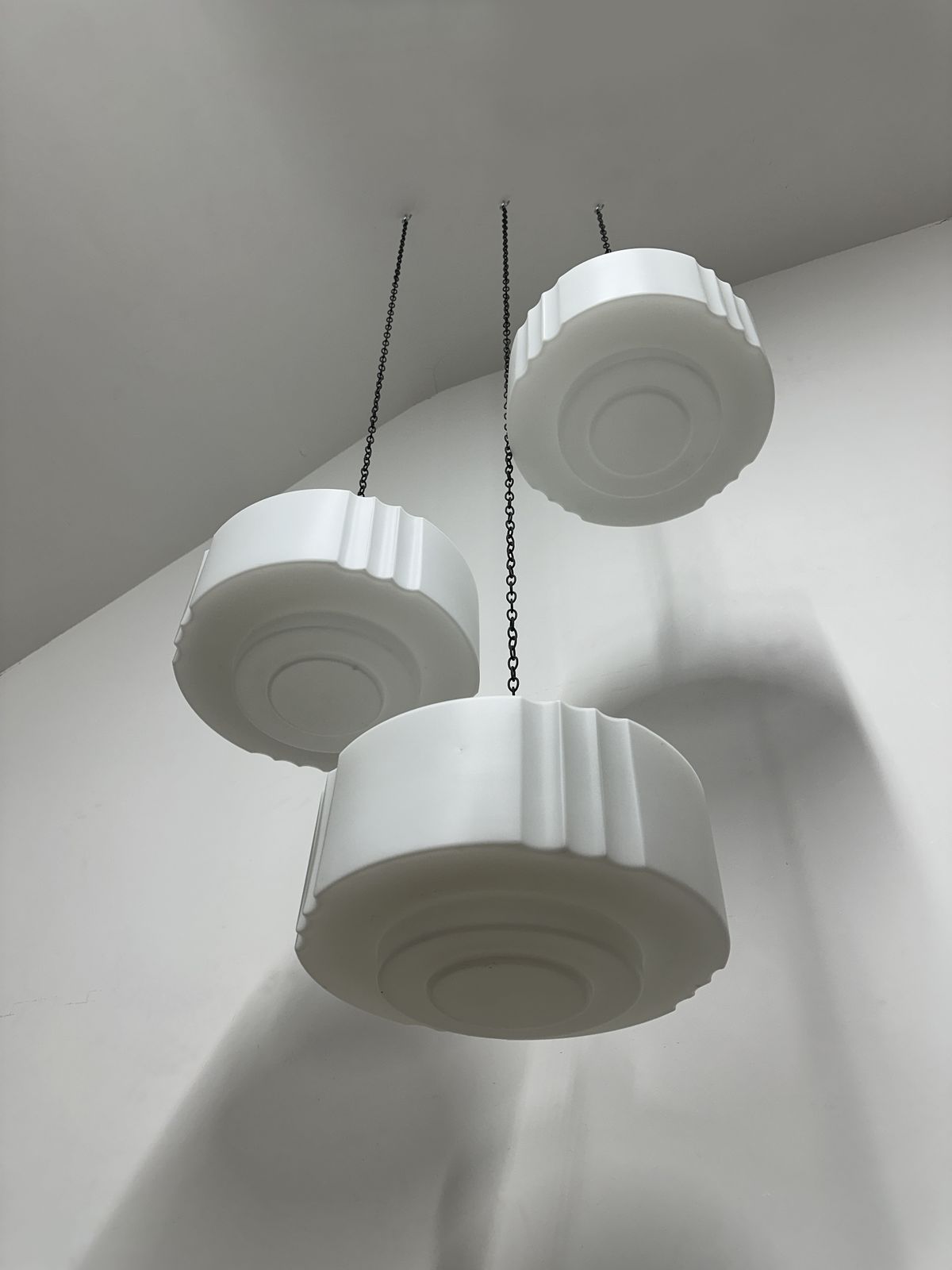 Run Set Large Antique Church Stepped Satin Opaline Milk Glass Ceiling Pendant Light Lamp photo Lighting