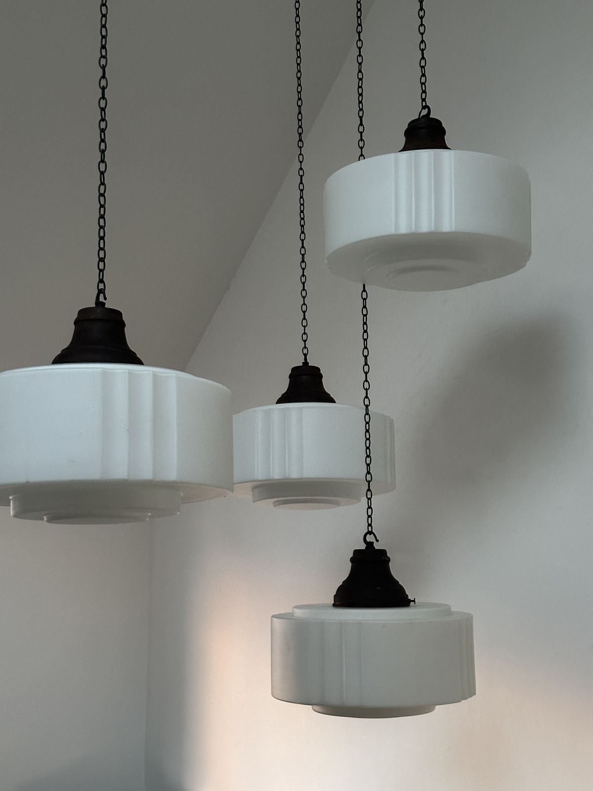 photo furniture Run Set Large Antique Church Stepped Satin Opaline Milk Glass Ceiling Pendant Light Lamp