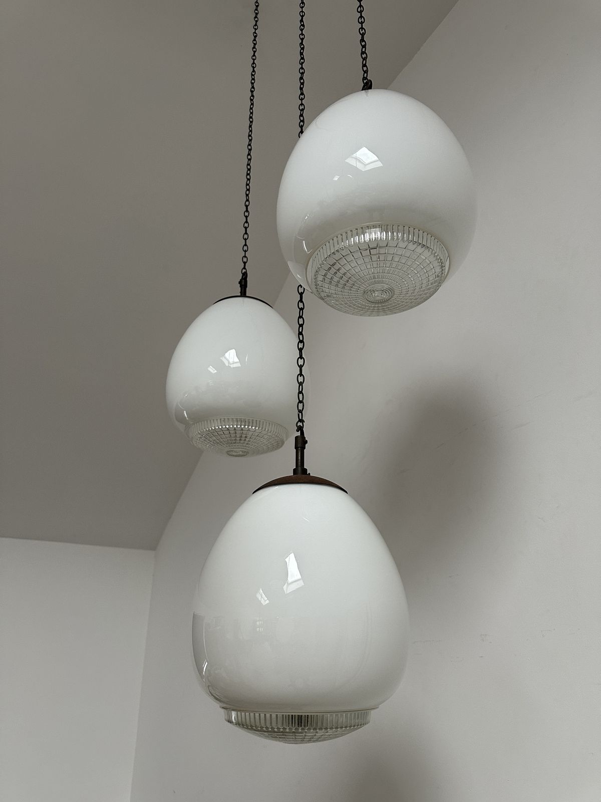 Set Run Antique Church Diffused Opaline Tulip Shaped Milk Glass Ceiling Pendant Light Lamp By Sunglow photo for sale