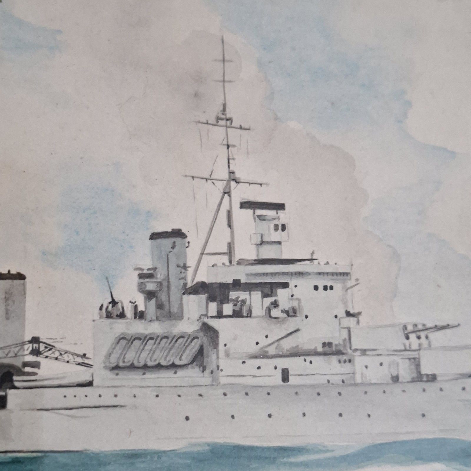 Original Watercolour Painting Hms Ceylon Royal Navy Cruiser 1950 Vintage Art photo for sale