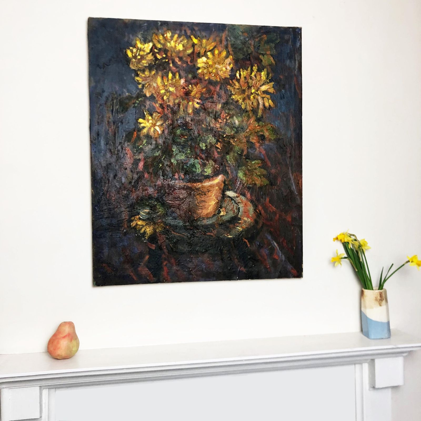 photo furniture Original Mid Century Oil Painting: Yellow Chrysanthemums In Terracotta Pot