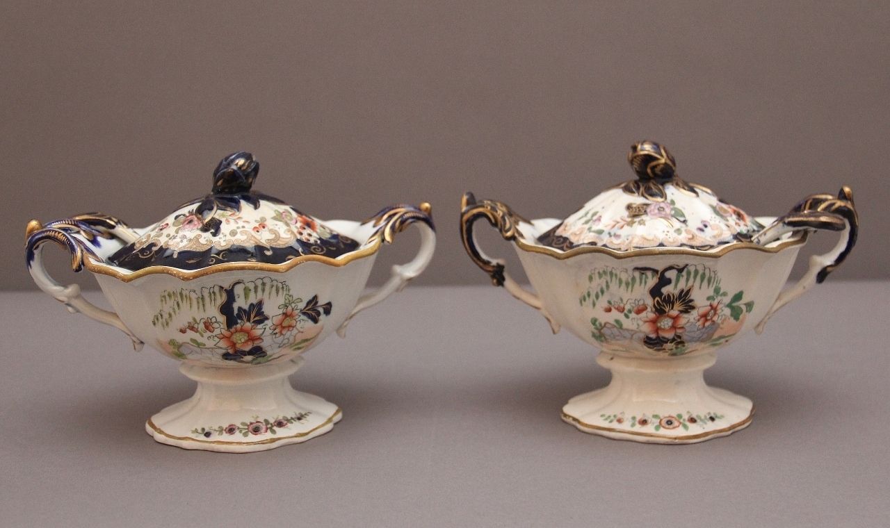 Pair 19th Century Masons Ironstone Sauce Tureens With Ladles photo buy