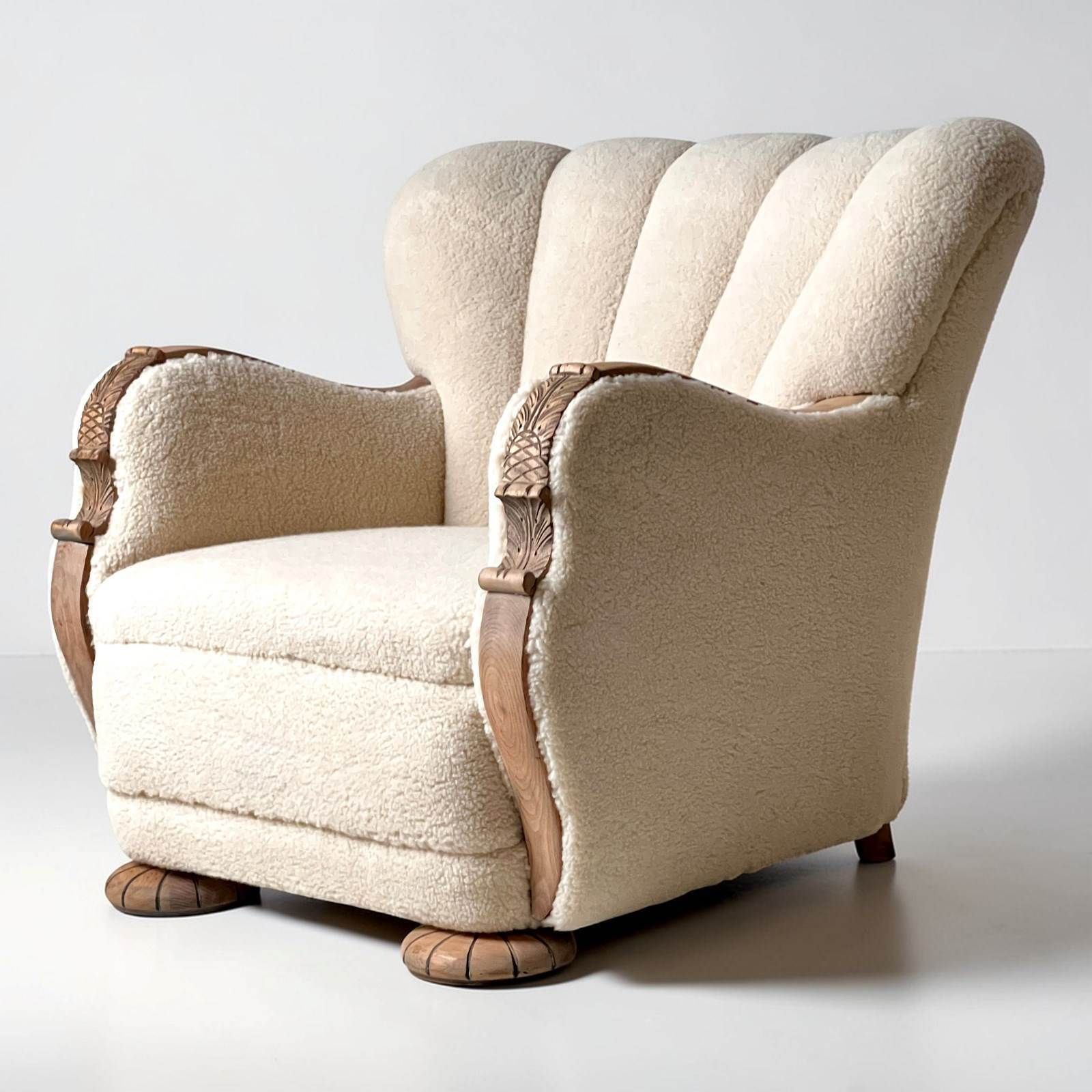 Pair Of Danish Art Deco Scallop Back Armchairs, Upholstered In Sherpa Wool photo 5225.0