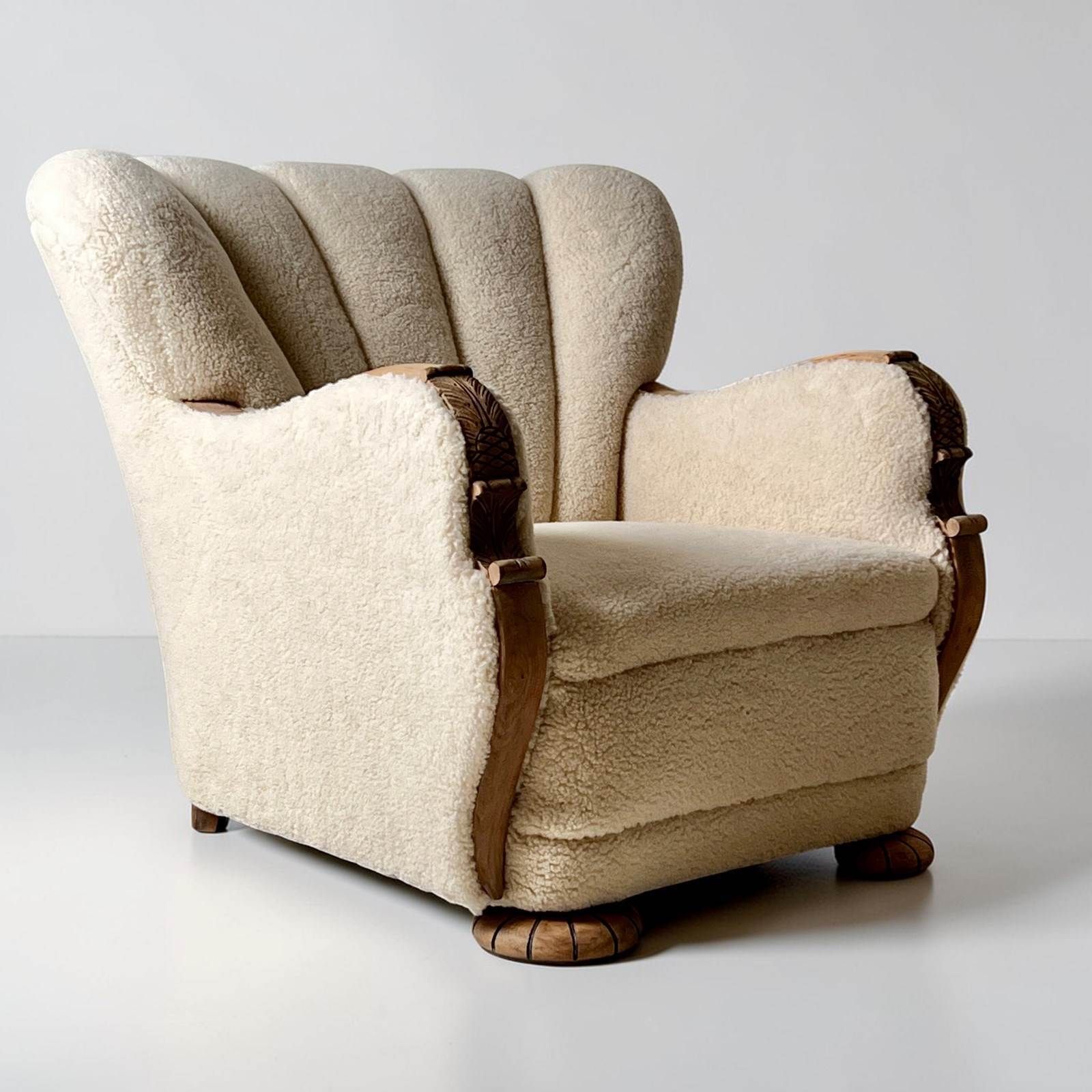 photo for sale Pair Of Danish Art Deco Scallop Back Armchairs, Upholstered In Sherpa Wool