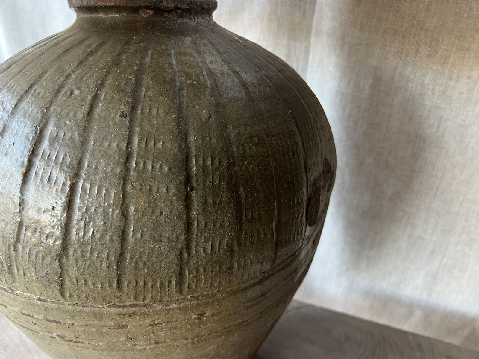 Striking Olive Green Unglazed Pot Lamp With Belgium Linen Shade photo for sale