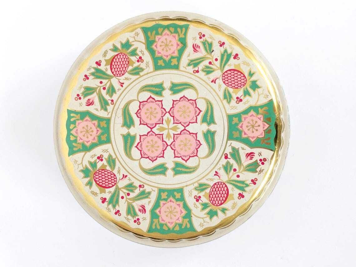 Vintage Midcentury Round Tin Box With Lid, Pastel Botanical Design With Gold Accents photo 76.0
