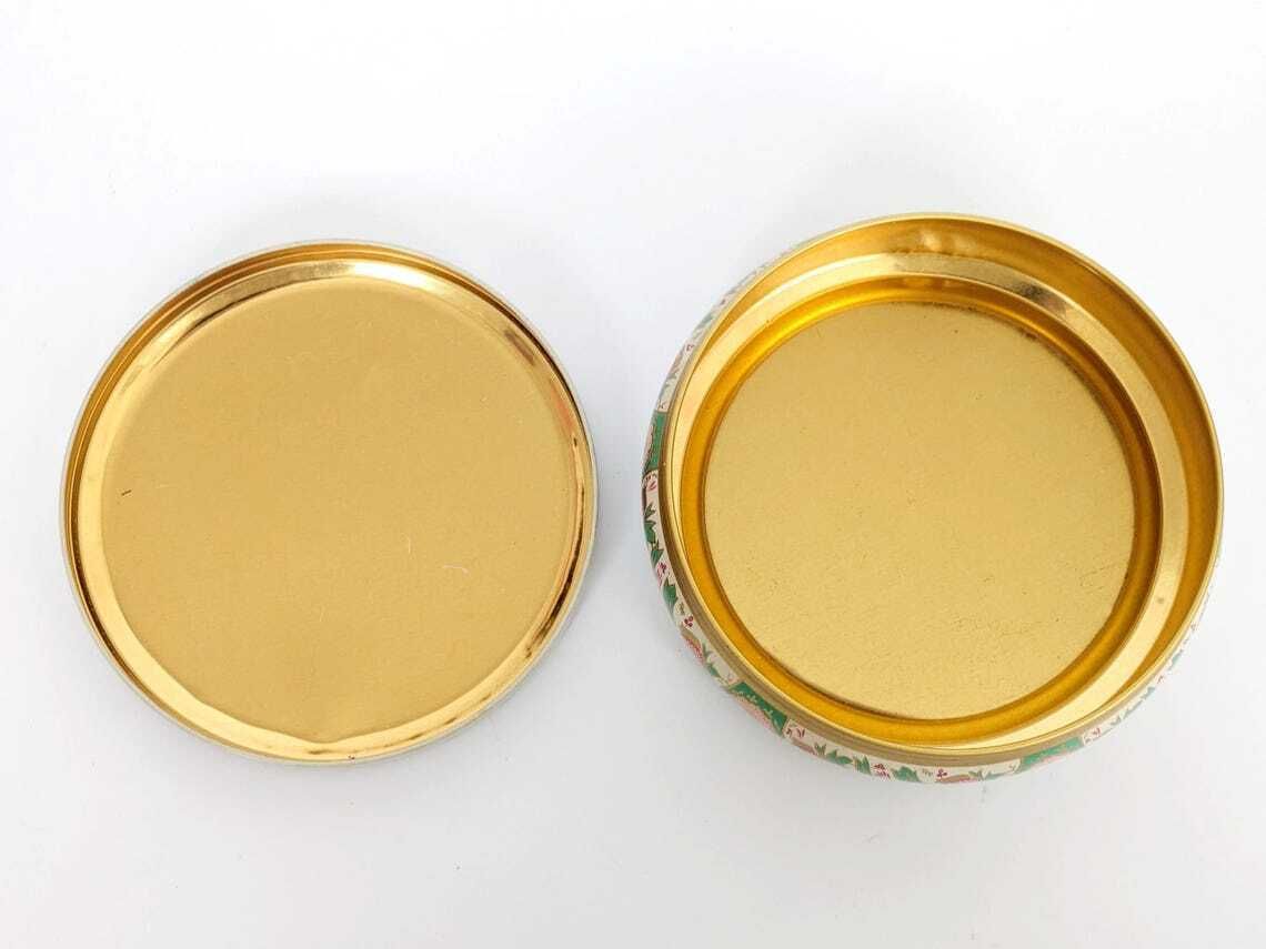 Vintage Midcentury Round Tin Box With Lid, Pastel Botanical Design With Gold Accents photo buy