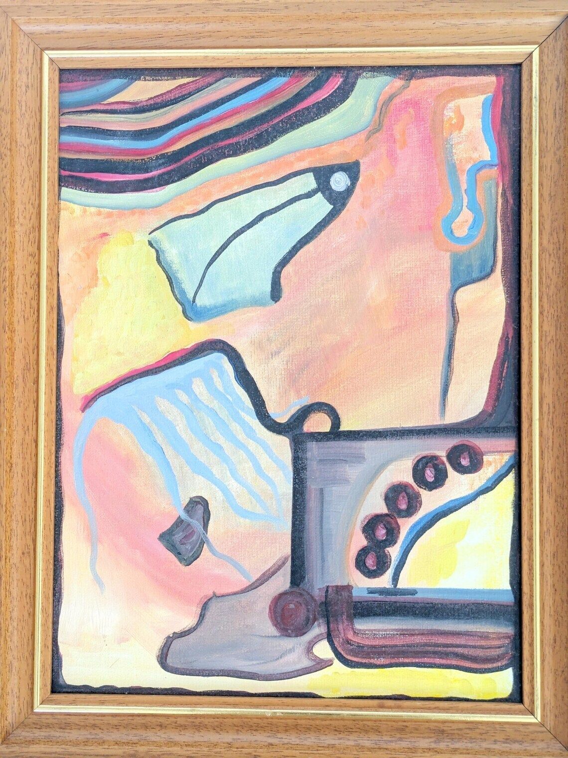 Vintage Abstract Oil Painting On Canvas, Surrealist Inspired Composition In Wooden Frame photo 165.0