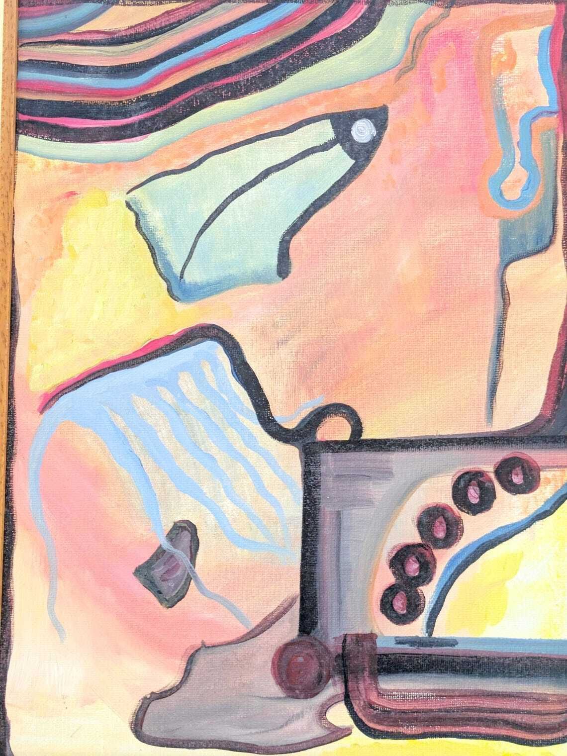 Vintage Abstract Oil Painting On Canvas, Surrealist Inspired Composition In Wooden Frame photo vinterior