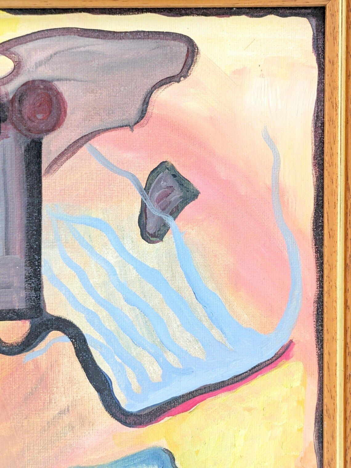 Vintage Abstract Oil Painting On Canvas, Surrealist Inspired Composition In Wooden Frame photo vintage