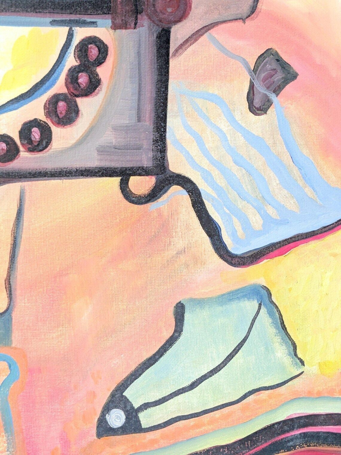 Art Vintage Abstract Oil Painting On Canvas, Surrealist Inspired Composition In Wooden Frame photo