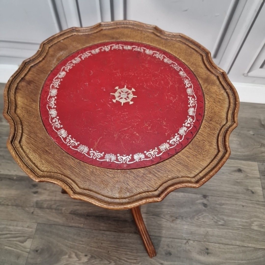 Vintage Side Wine Table Red Faux Leather Top Tripod Retro Antique Style photo Furniture
